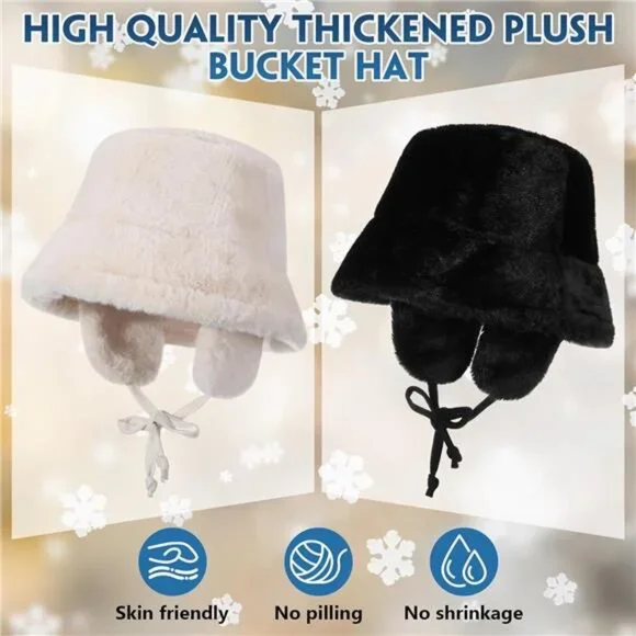 2 Pcs Women's Bucket Hat Faux Fur Fuzzy Adjustable Fur Cap